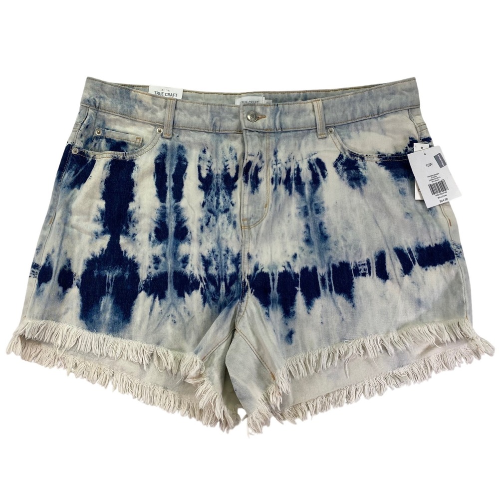 TRUE CRAFT Denim Shorts Womens 16W Blue Tie Dye High Rise Frayed Fringe Hem NEW